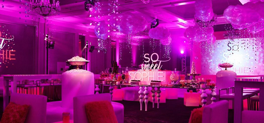 Bat Mitzvah party with pink uplighting, balloons, and sweet buffet in Philadelphia, PA - Event Planning