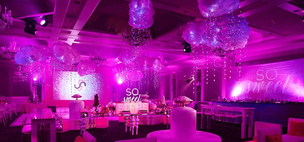 Bat Mitzvah party with pink uplighting, balloons, and sweet buffet in Philadelphia, PA - Event Planning