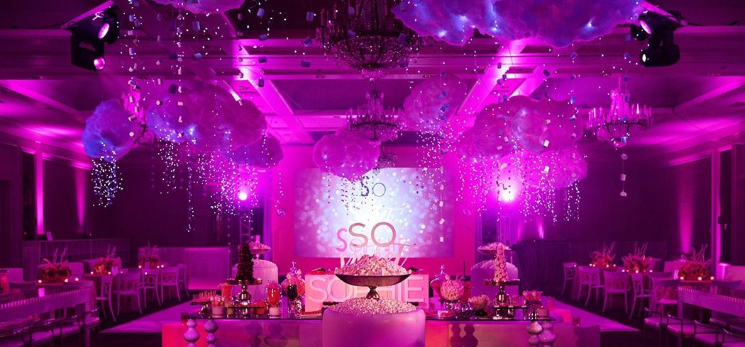 Bat Mitzvah party with pink uplighting, balloons, and sweet buffet in Philadelphia, PA - Event Planning