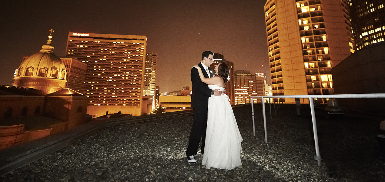 Bride and Groom Wedding Portrait embracing on rooftop, Event Planning Philadelphia, PA